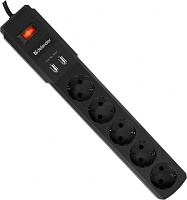 Defender DFS 453 Сетевой фильтр 3 м, 2 USB-порта, 5 розеток