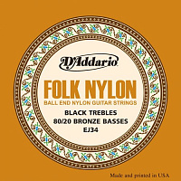D'ADDARIO EJ34 струны  для акустической  гитары ФОЛК 80/20 Brass/Black Nylon, шариковые наконечники (Ball end)